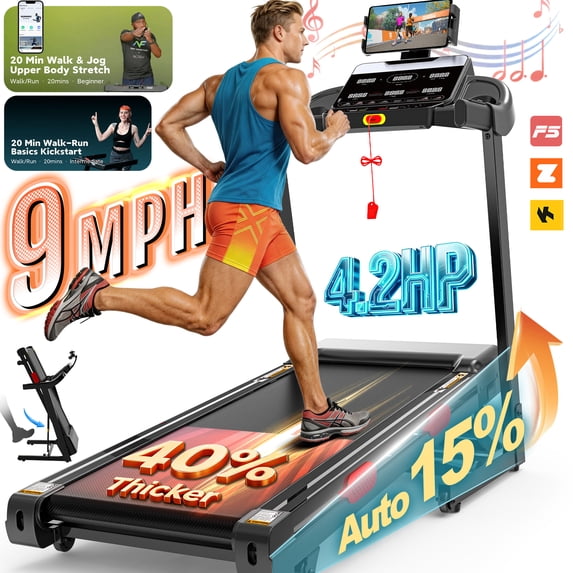 Campmoy Folding Treadmill w/ 15% Auto Incline, 4.2HP Portable Treadmill 330LB Capacity, 105 Programs Treadmills for Home with APP Control, Bluetooth Speaker, LCD Display, Foldable Jogging Walking Treadmill
