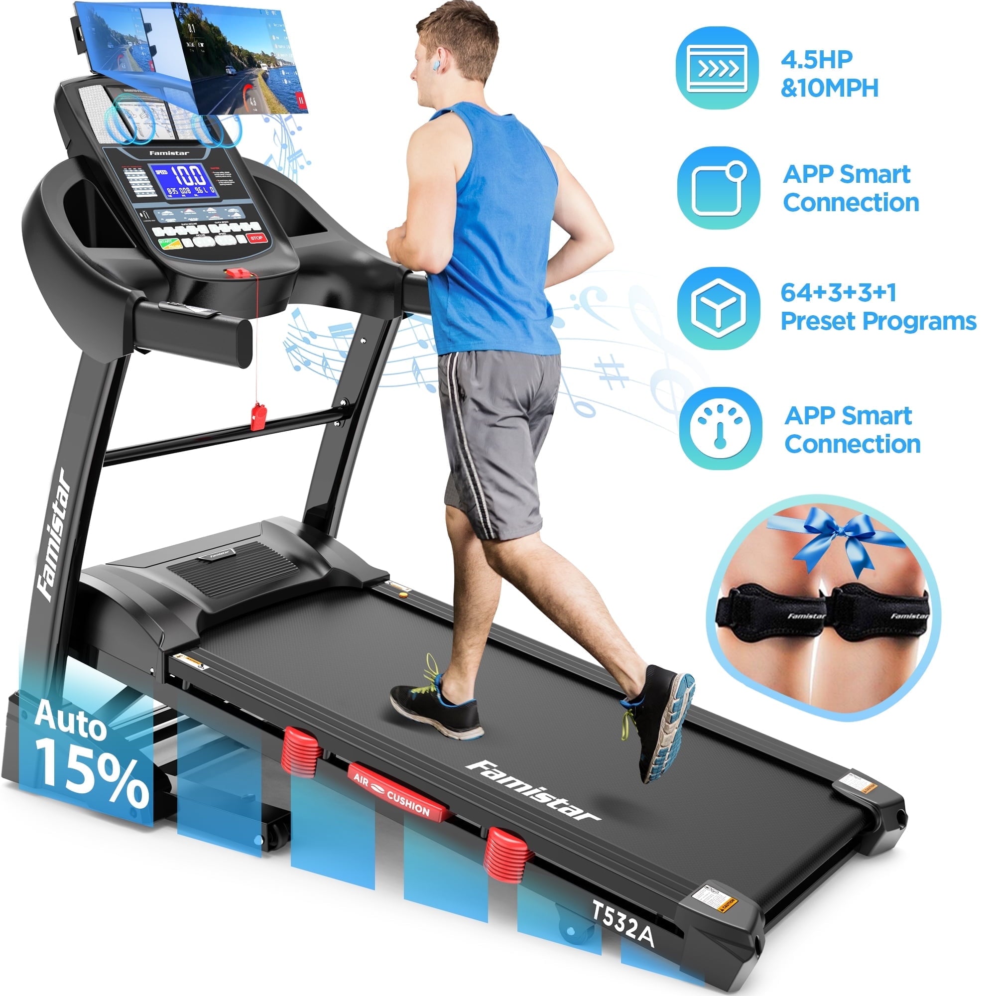 Campmoy Folding Treadmill w/ 15% Auto Incline, 4.75HP Quiet Motorized Treadmill for Home 300LBS Capacity, 64+7 Preset Programs, APP Smart Control, 10MPH Fast Speed, Portable Running Walking Treadmill
