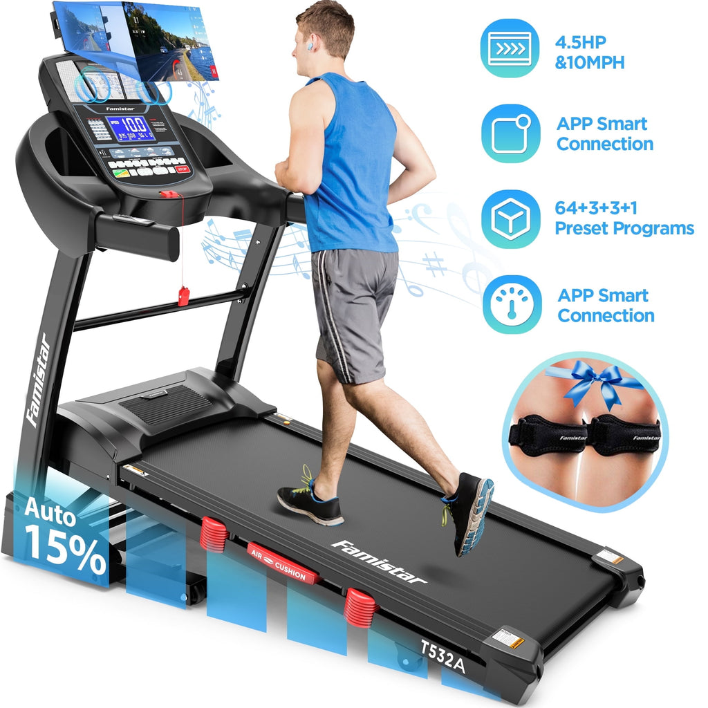 Campmoy Folding Treadmill w/ 15% Auto Incline, 4.75HP Quiet Motorized Treadmill for Home 300LBS Capacity, 64+7 Preset Programs, APP Smart Control, 10MPH Fast Speed, Portable Running Walking Treadmill