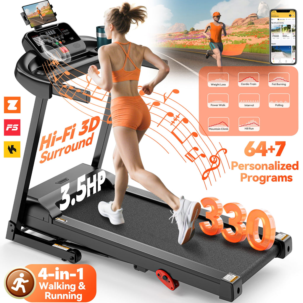 Campmoy  Folding Treadmill w/ Incline, 3.5HP Treadmill for Home w/ 330lb Capacity, 71 Programs