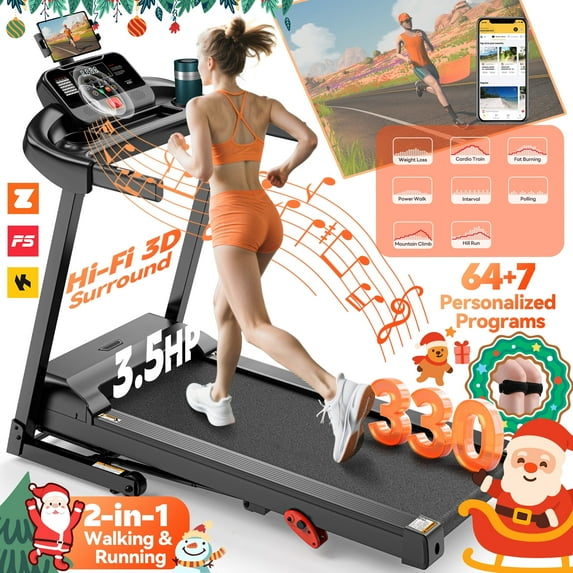 Campmoy Folding Treadmill w/ Incline, 3.5HP Treadmill for Home w/ 330lb Capacity, 71 Programs