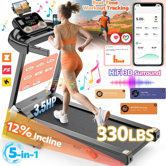 Campmoy Folding Treadmill w/ Incline, 3.5HP Treadmill for Home w/ 330lb Capacity, 71 Programs