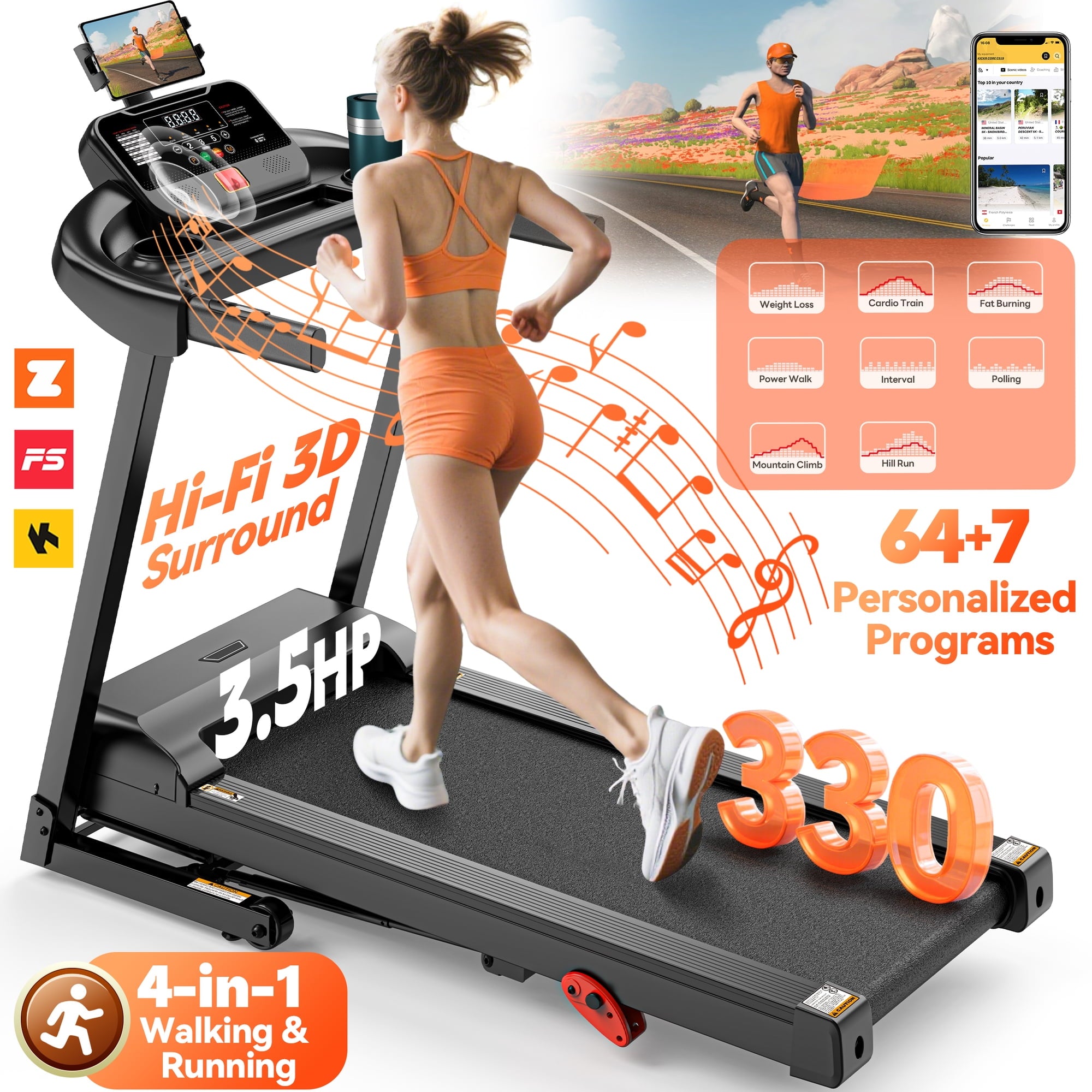 Campmoy Folding Treadmill w/ Incline, 3.5HP Treadmill for Home w/ 330lb Capacity, 71 Programs