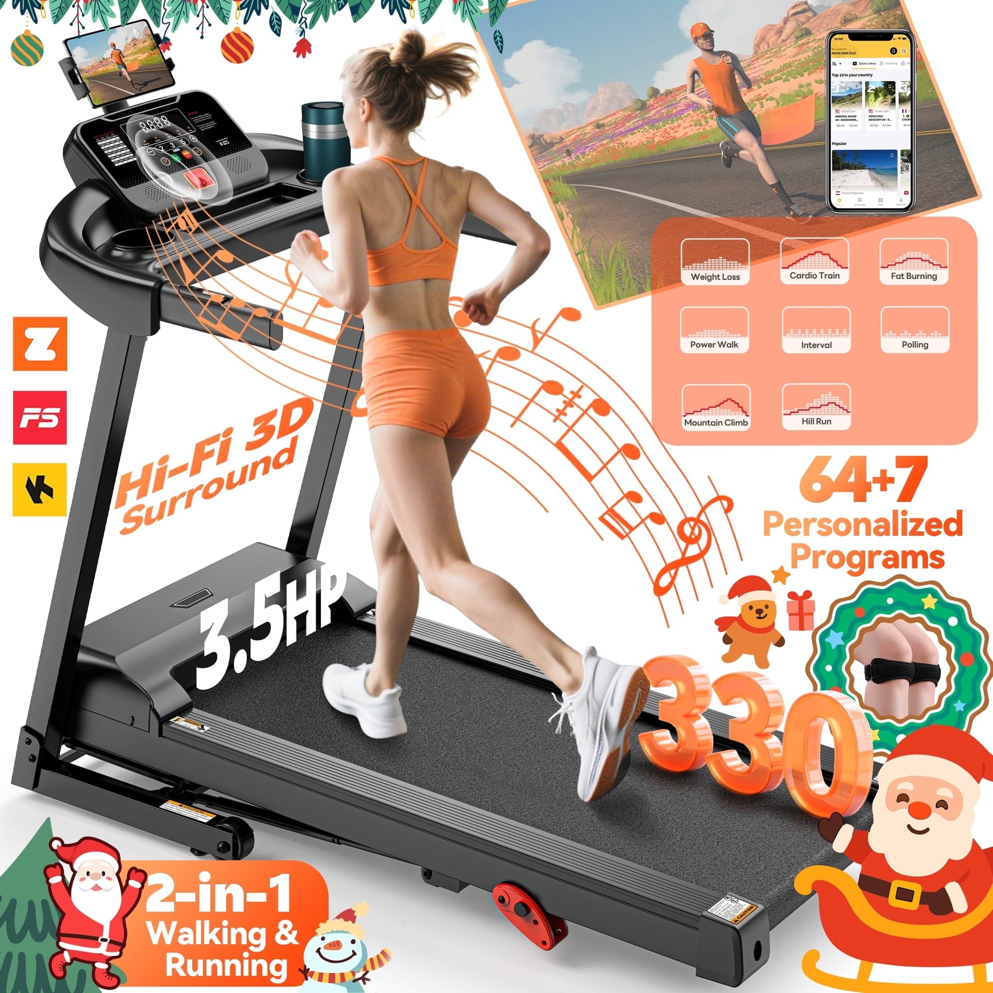 Campmoy Folding Treadmill w/ Incline, 3.5HP Treadmill for Home w/ 330lb Capacity, 71 Programs