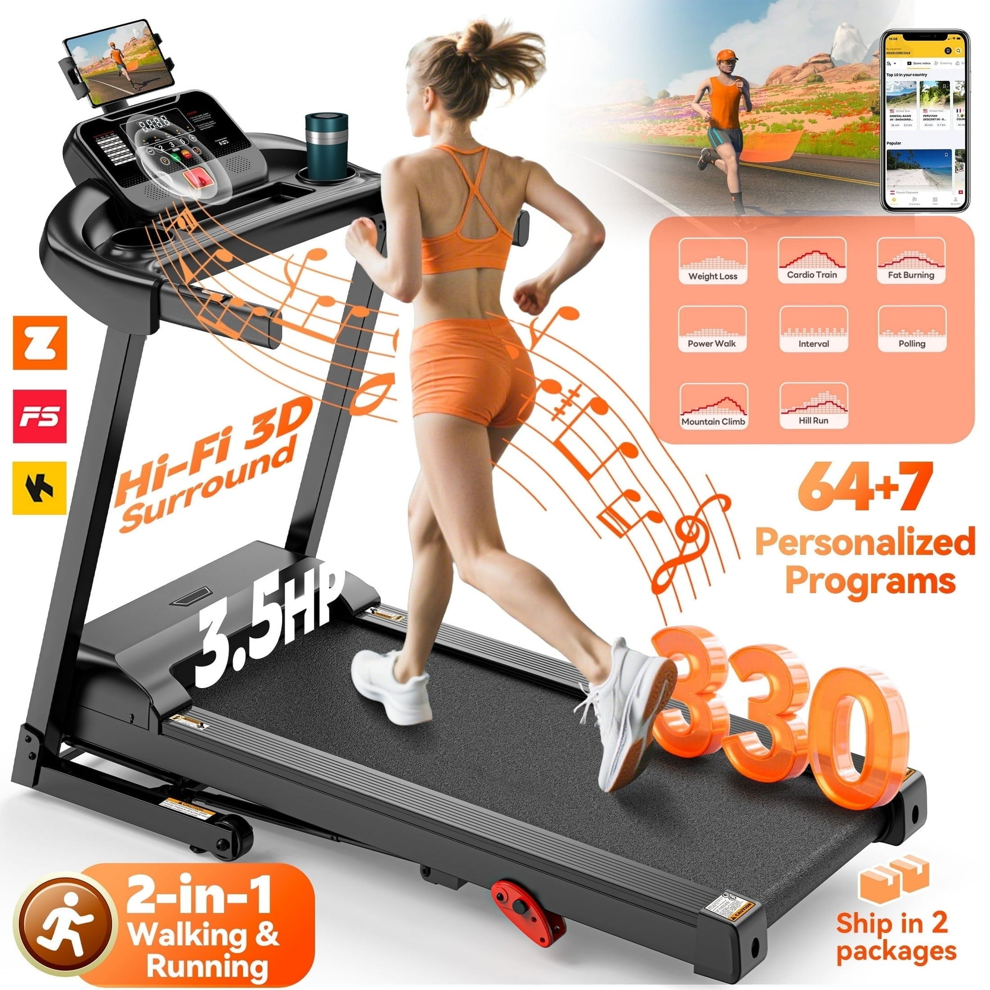 Campmoy Folding Treadmill w/ Incline, 3HP Treadmill for Home w/ 300lb Capacity, 71 Programs