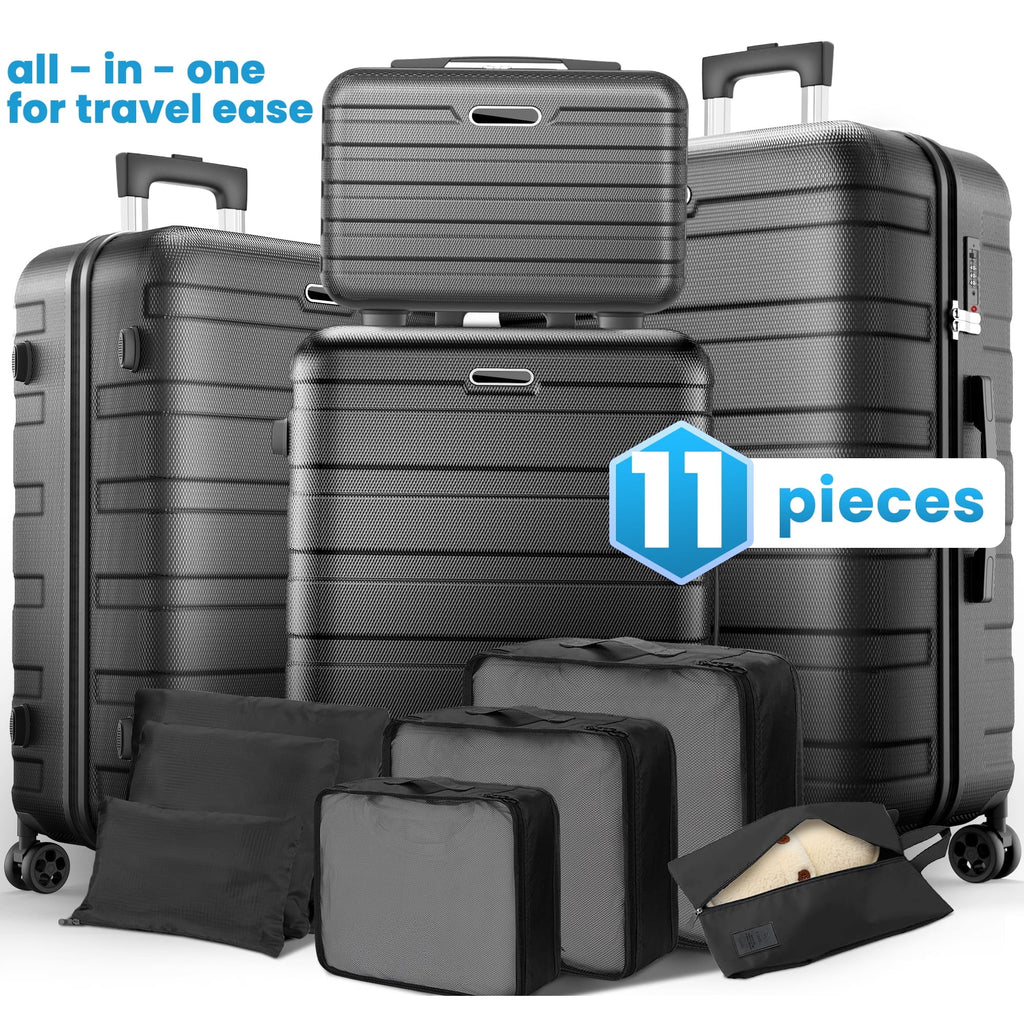 Campmoy Hardshell Luggage 11 Piece Set, Lightweight Suitcases with 360° Spinner Wheels & Lock, 20" Carry-On + 24"/28" Checked Luggage + 14" Travel Case, Black