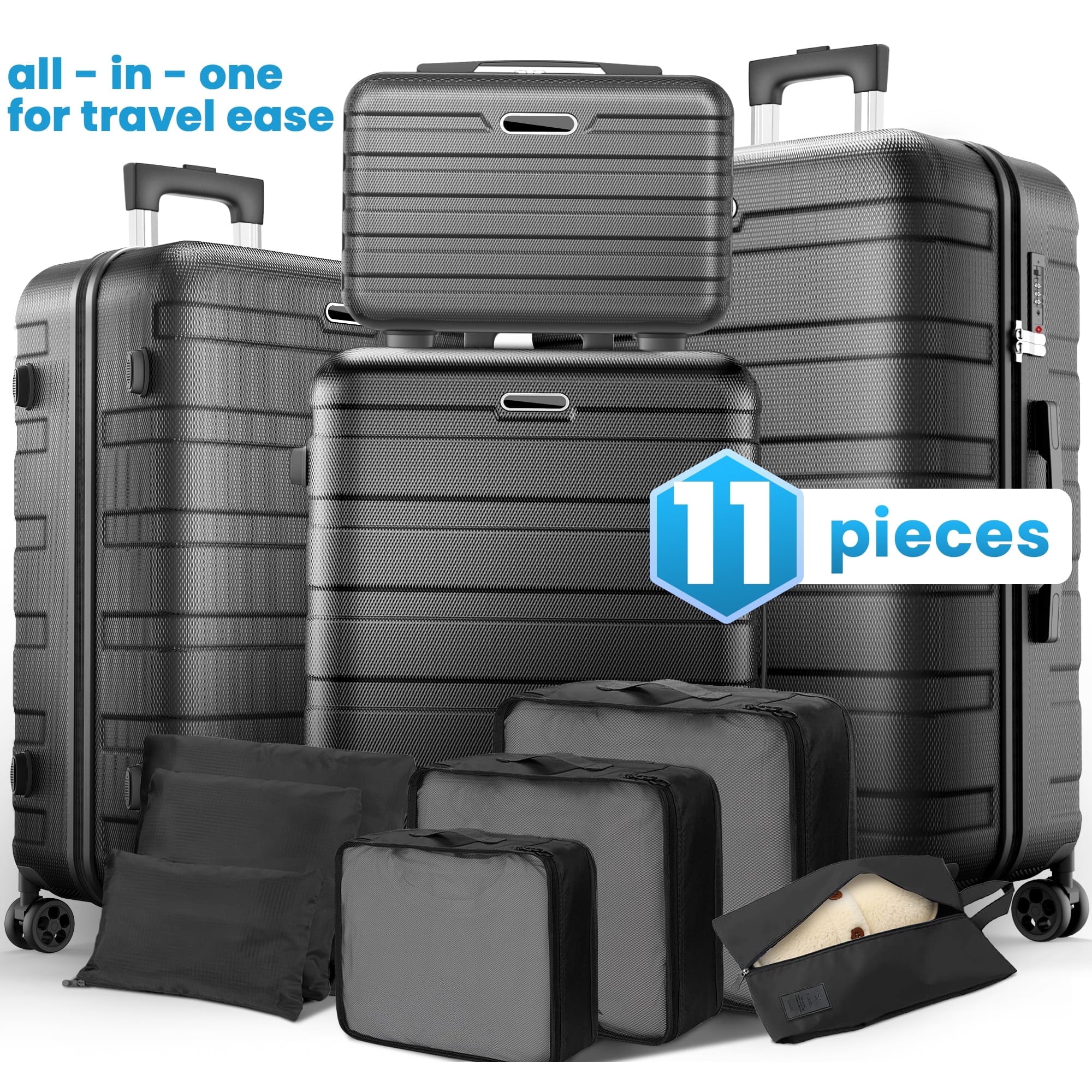 Campmoy Hardshell Luggage 11 Piece Set, Lightweight Suitcases with 360° Spinner Wheels & Lock, 20" Carry-On + 24"/28" Checked Luggage + 14" Travel Case, Black
