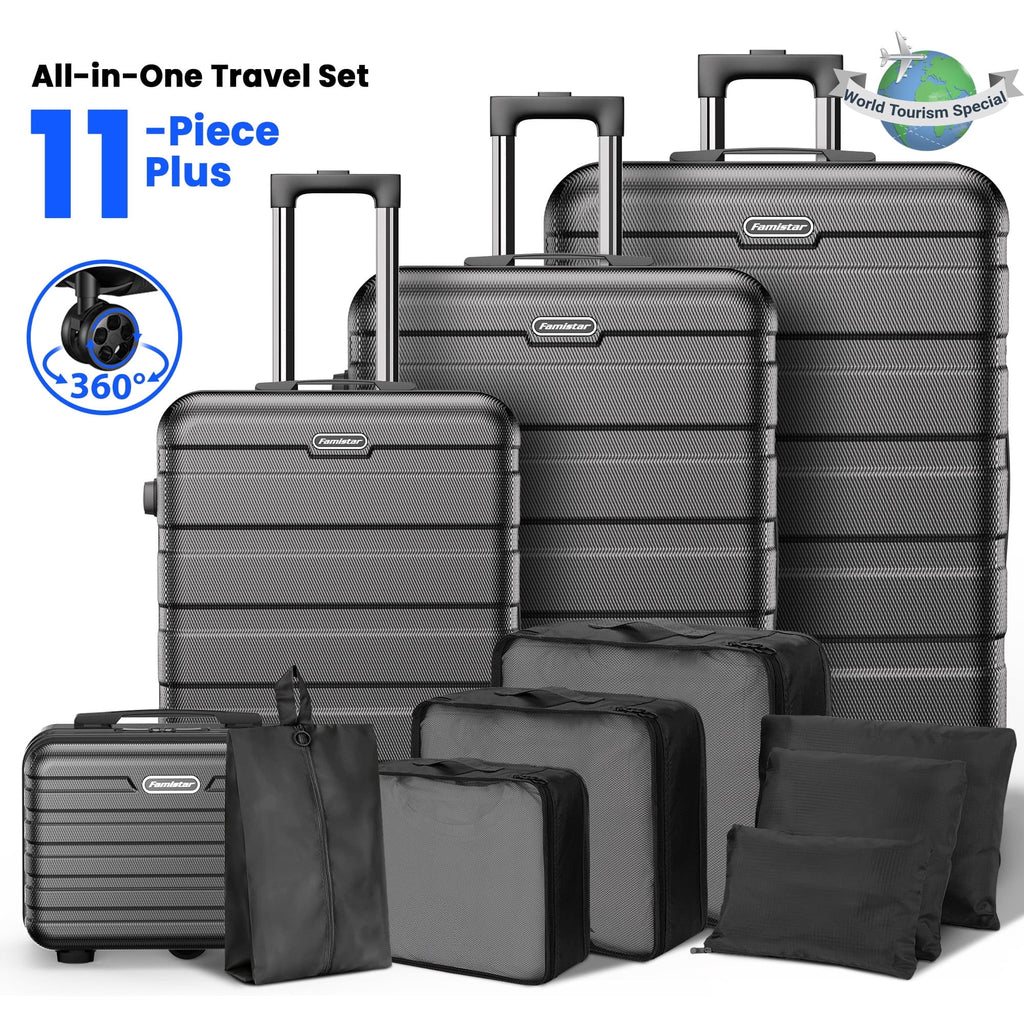 Campmoy Hardside Luggage 11 Pcs Set, Hardshell Suitcases with Spinner Wheels & TSA Lock, 14" Travel Case, 20" Carry-On Luggage, 24" Checked Luggage, 28" Checked Luggage, Black