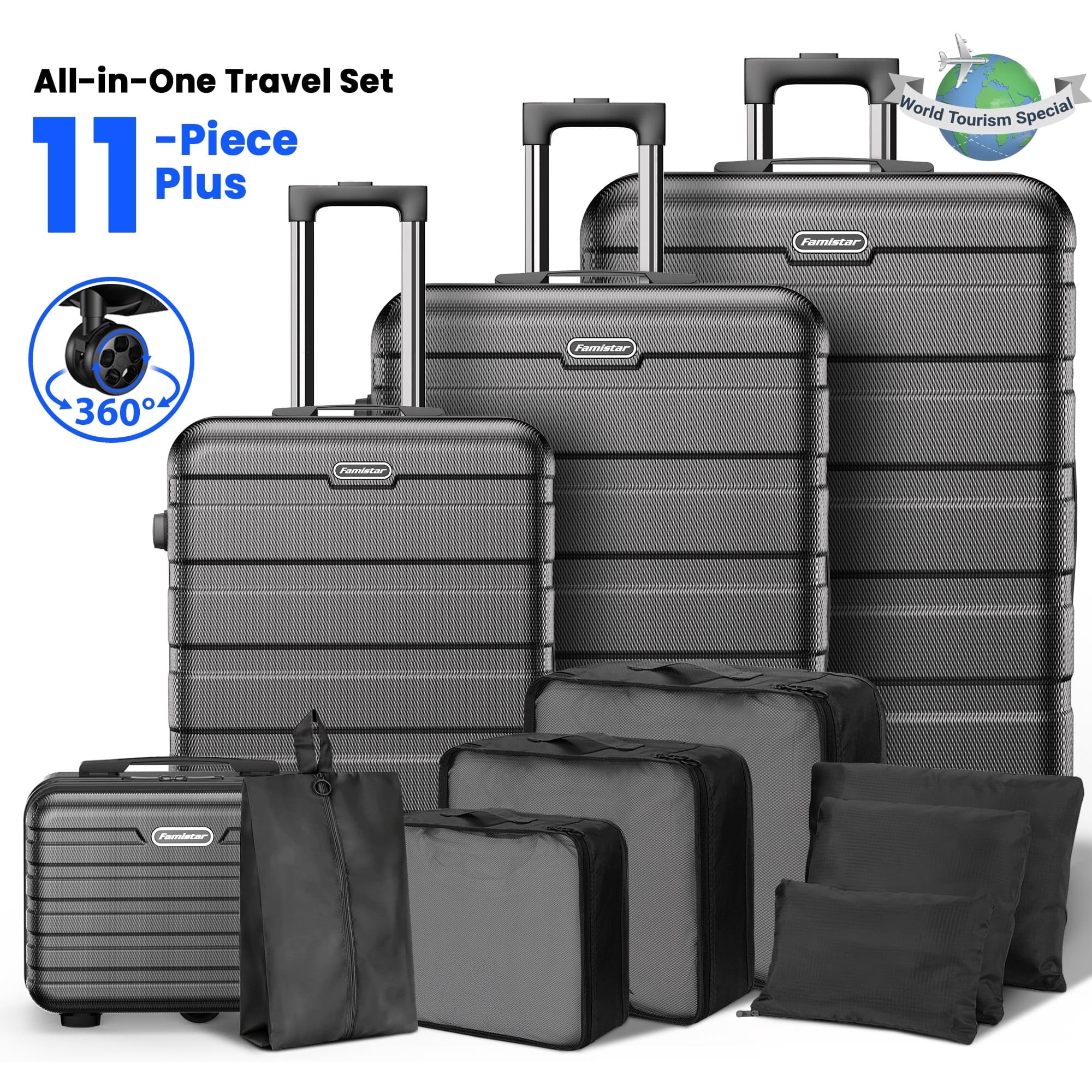 Campmoy Hardside Luggage 11 Pcs Set, Hardshell Suitcases with Spinner Wheels & TSA Lock, 14" Travel Case, 20" Carry-On Luggage, 24" Checked Luggage, 28" Checked Luggage, Black