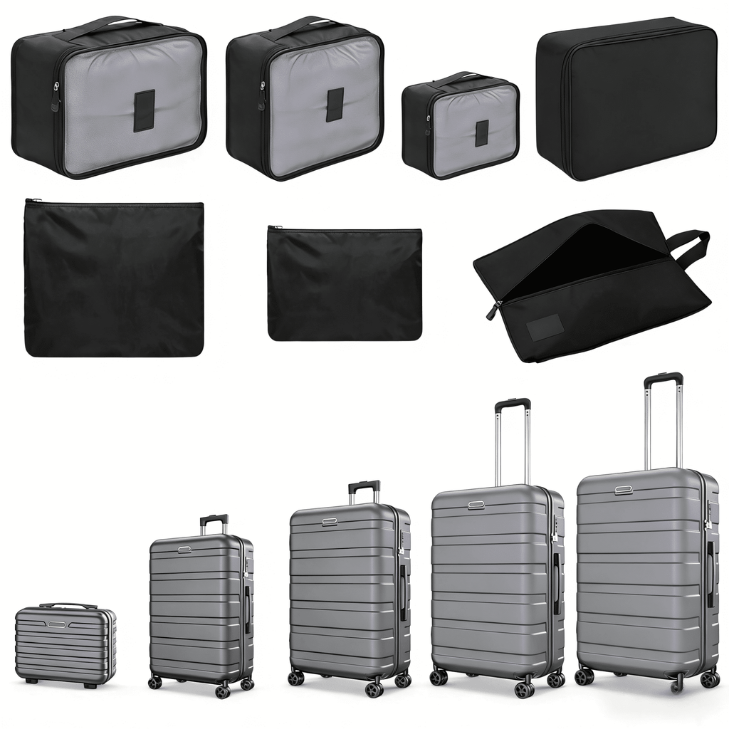 AQUGOKS Hardside Luggage Sets 4 Piece + 7 Packing Cubes, Hardshell Suitcase with TSA Style Combination Lock Spinner Wheel and Travel Duffle Bag, Classic Black