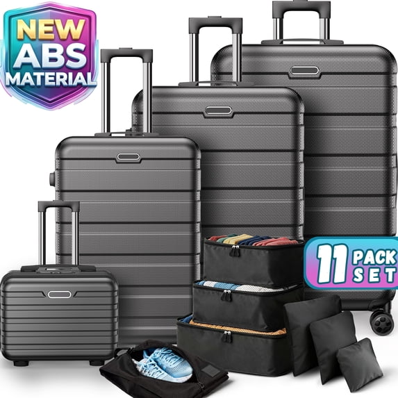 AQUGOKS Hardside Spinner Luggage Set of 11, Durable Lightweight Travel Suitcase Set (14/20/24/28 inch) with 7 Travel Organizer Packing Cubes, Hardshell Luggage with Double Wheels, Multi-size Suitcase