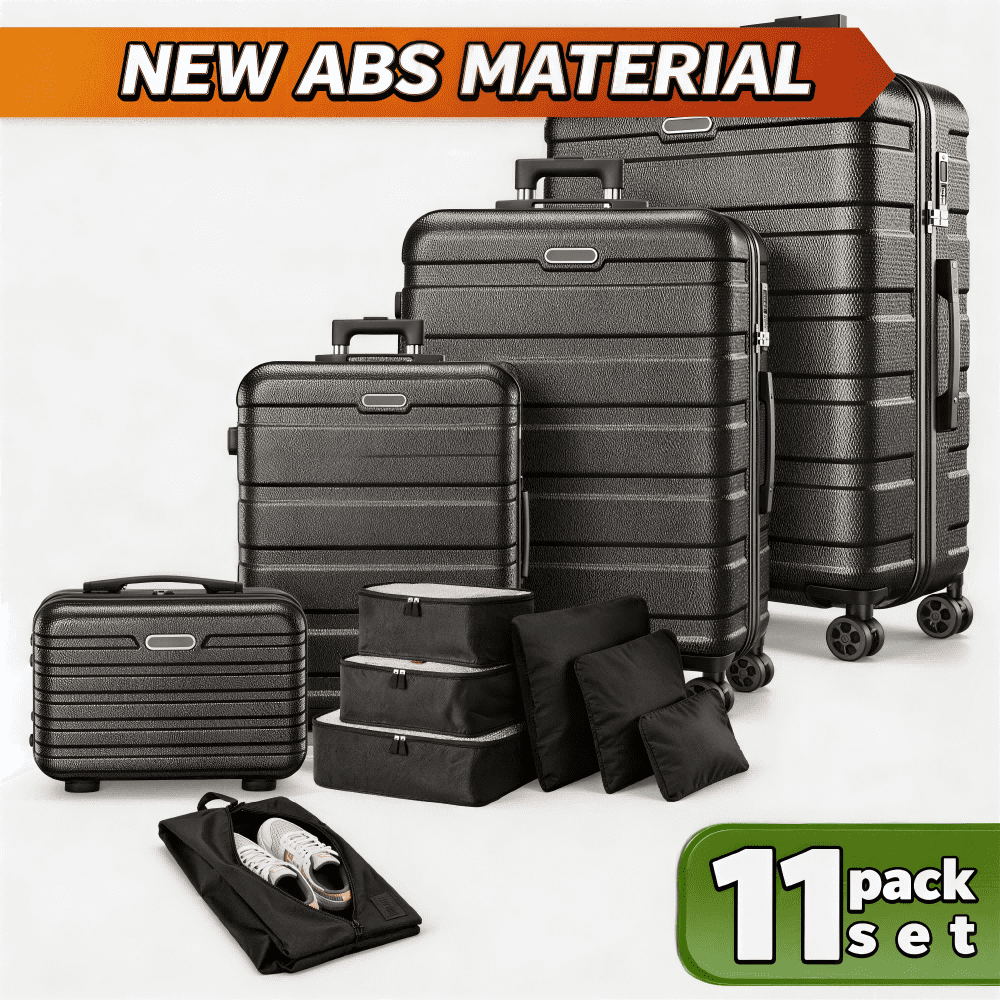 AQUGOKS Hardside Spinner Luggage Set of 11, Durable Lightweight Travel Suitcase Set (14/20/24/28 inch) with 7 Travel Organizer Packing Cubes, Hardshell Luggage with Double Wheels, Multi-size Suitcase