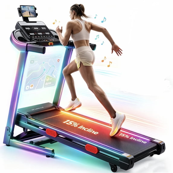 OXIBYPU Home Folding Electric Treadmill with 15% Incline & Speed 0.6–9 MPH, 300 lbs Capacity, 3.9HP Quiet Walking Pad Treadmill with Six Touch Screen, 17" Wide Running Belt for Home Gym, APP Control