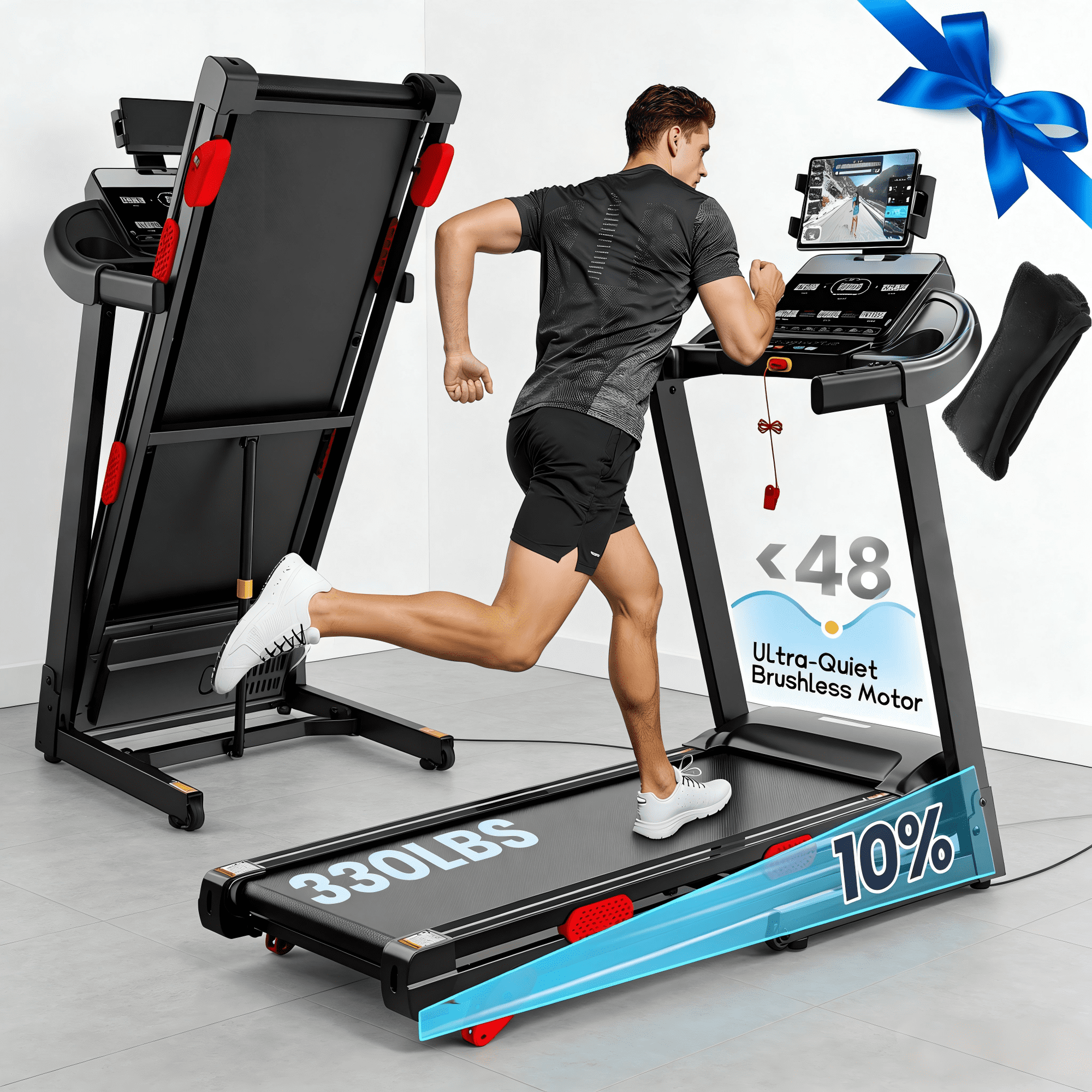 Qvamodo Home Folding Treadmill with 10% Incline, 0.6–9 MPH Speed, Ultra Quiet Brushless Motor, 330 lb Capacity