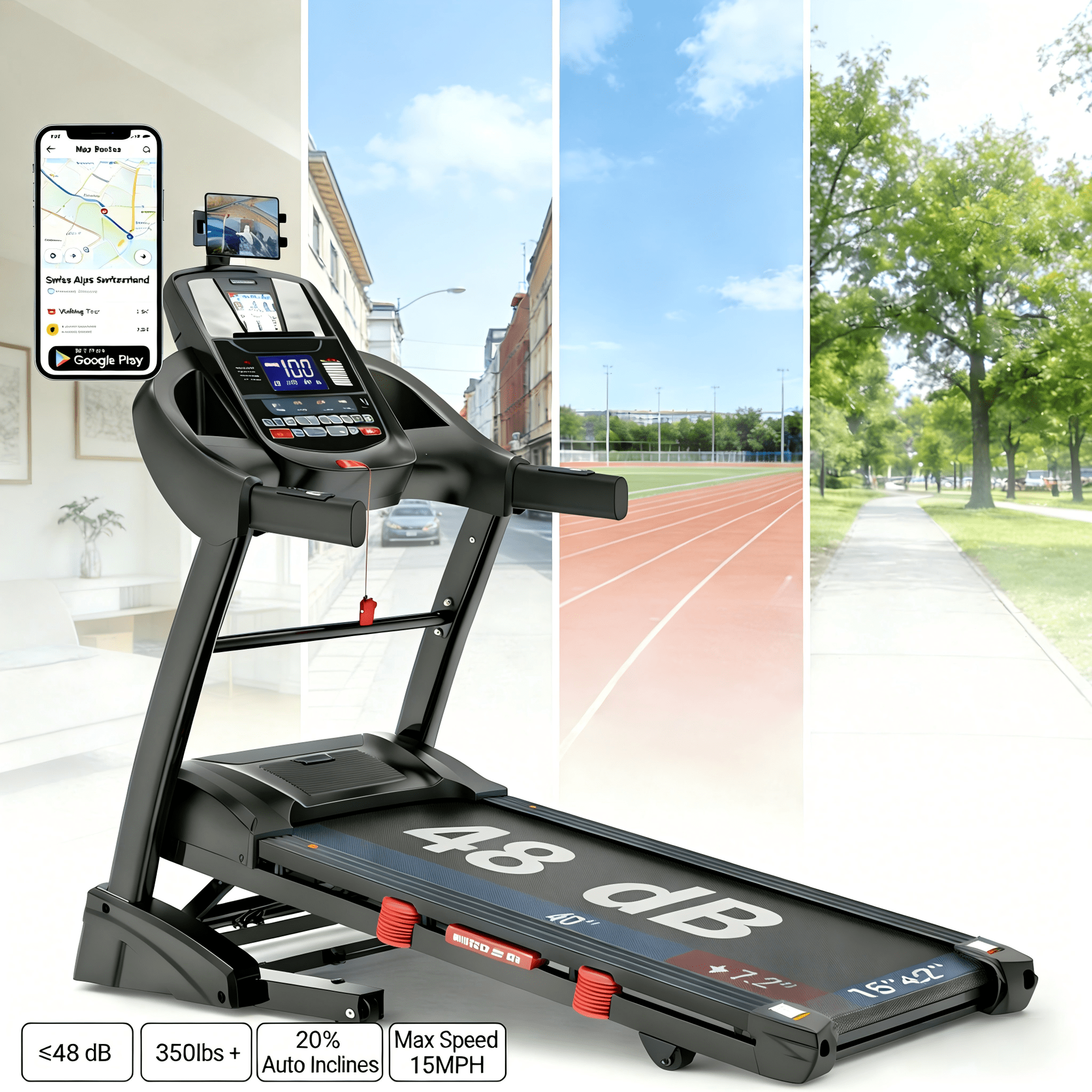 Qvamodo Home Folding Treadmill with 15% Auto Incline, 5HP Motor, 7-Layer Shock Absorption, 64 Programs, Bluetooth & USB