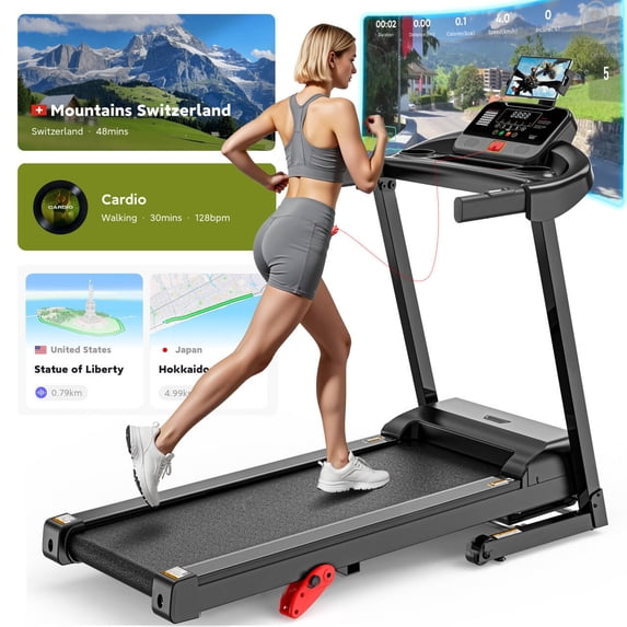 AQUGOKS Home Treadmill w/ 9% Incline,3.51HP Folding Treadmill,Portable Electric Treadmill with 71 Programs, Compact Running Walking Treadmills, 330LBS Capacity, APP Control, Knee Straps