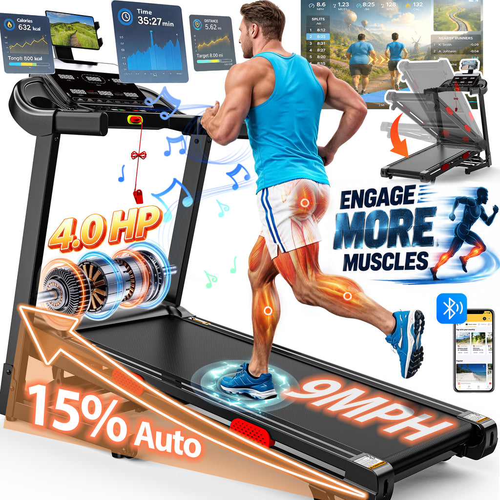 Famistar Folding Electric Treadmill for Home, Compact Running Machine with 4HP Motor, Treadmill 300 lb Capacity, Treadmill with 15% Incline, 9MPH, Quiet Brushless Motor, 105 Programs, Space-Saving