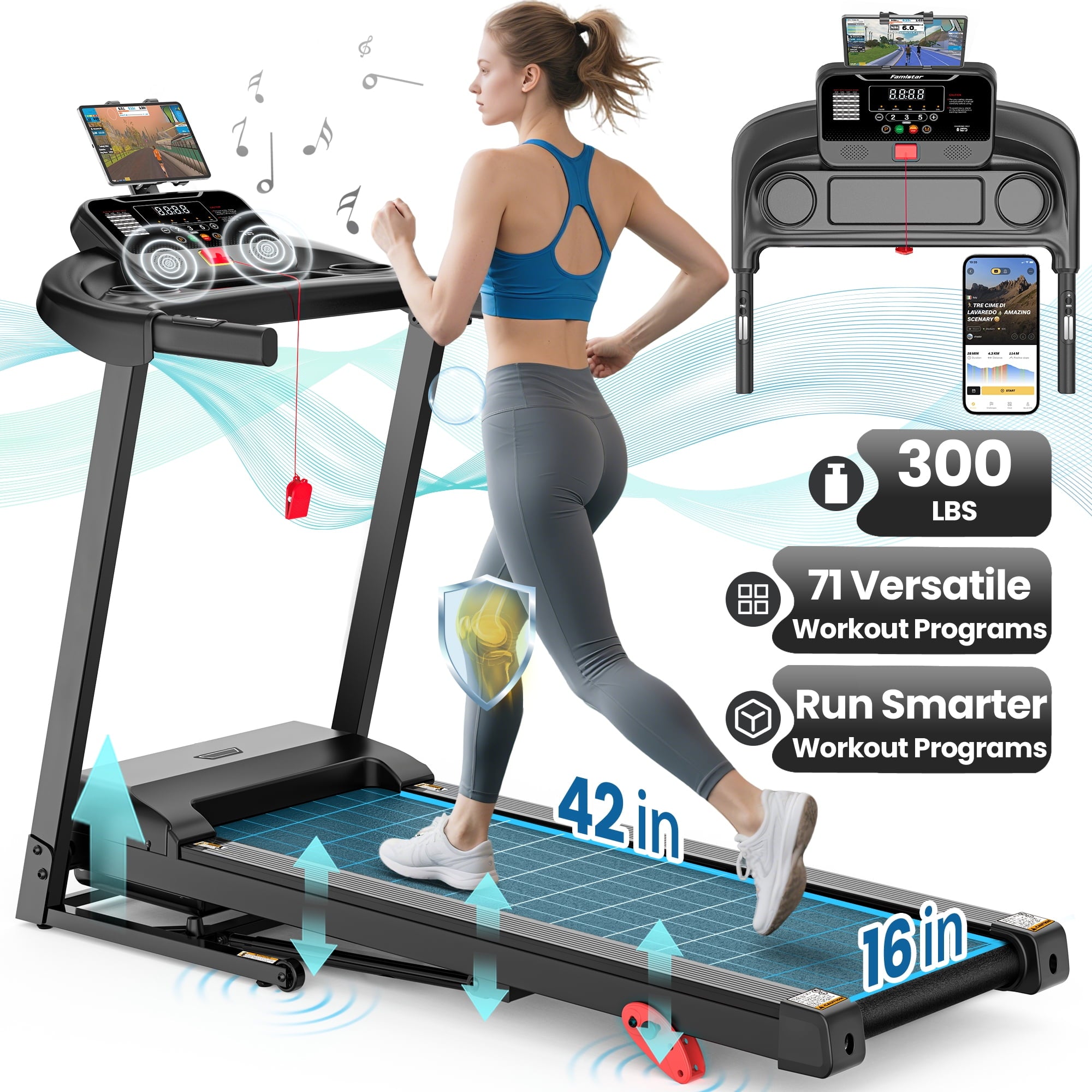 FaayFian Incline 3.75HP Treadmill for Home, 7.5MPH Folding Treadmill w/ 300 lbs Capacity,71 Preset Workouts, APP Control, Dual HiFi Speakers, Electric Treadmill for Walking, Jogging, Running