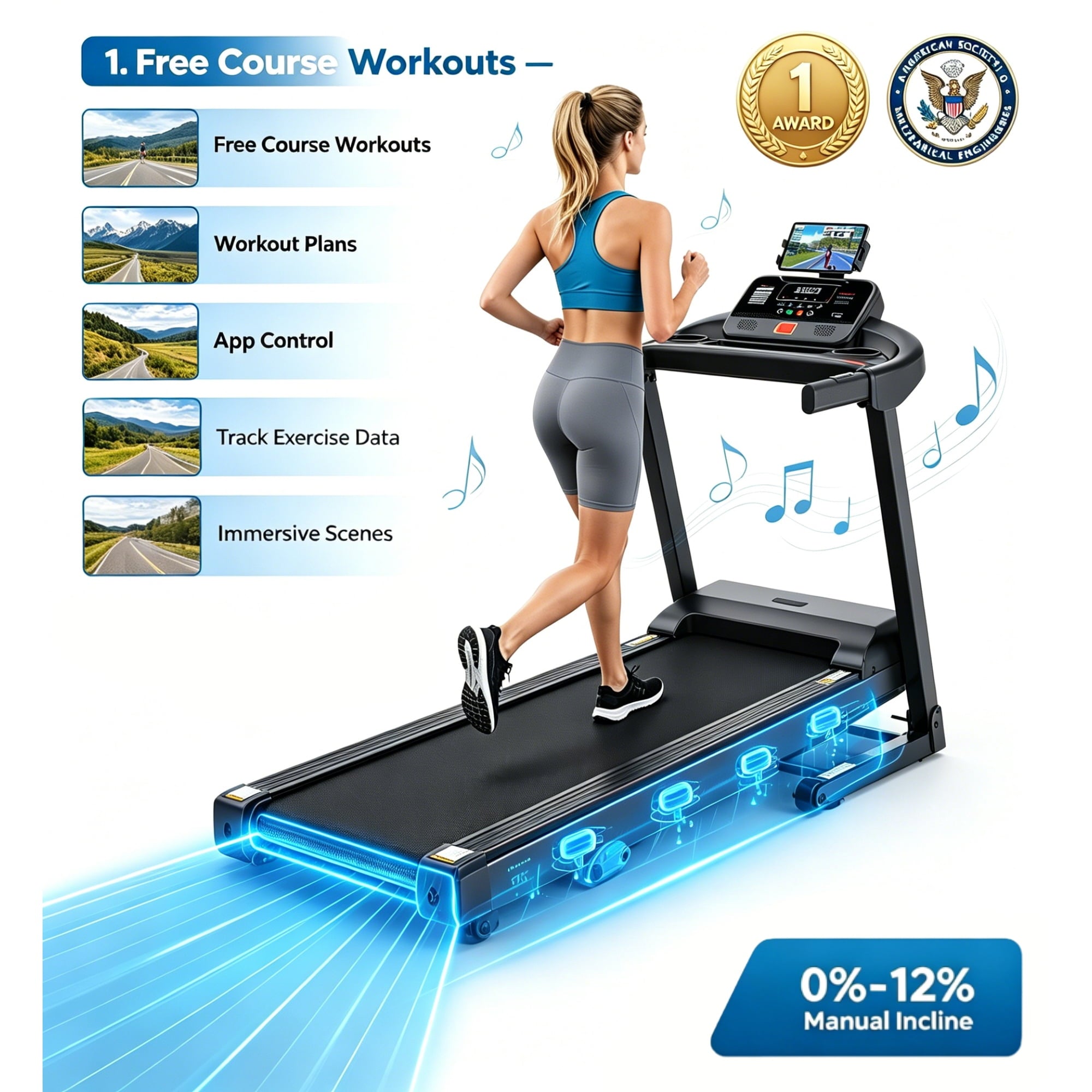 WNANEEZ Incline Treadmill - 3.5HP Folding Treadmills with 12% Incline Running Machine for Home, 300 LBS Capacity, 7.5 MPH Speed, 71 Preset Programs, Bluetooth App, Upgrade LED Panel