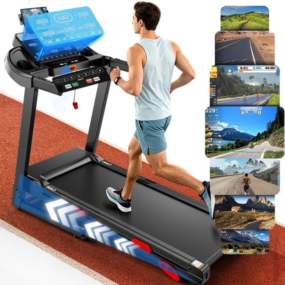 Qvamodo 12% Incline Treadmill with Dual Brushless Motor for Home, 5S Folds Away Portable Treadmill with LCD Screen Up to 300LBS Capacity, 3.5HP 7-Layer Shock-Absorbing Walking Pad Treadmill 0.6-9MPH