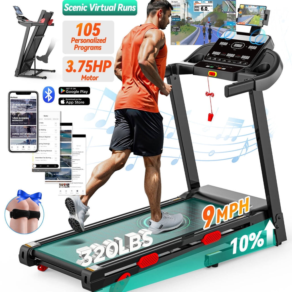 Campmoy 10% Inclined Treadmill w/ 330lb Capacity, 3.75HP Folding Treadmill for Home Walking Running, 96+9 Programs, APP Control, 9MPH, HiFi Stereo Speakers, Shock-Absorbing, Knee Strap Gift