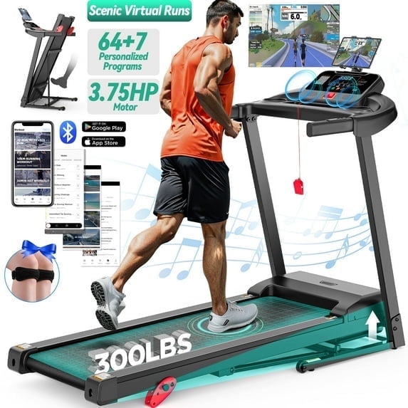Campmoy Inclined Treadmill w/ 300lb Capacity, 3.75HP Folding Treadmill for Home Walking Running, 64+3+1 Programs, APP Control, 7.5MPH, HiFi Stereo Speakers, Shock-Absorbing, Knee Strap Gift
