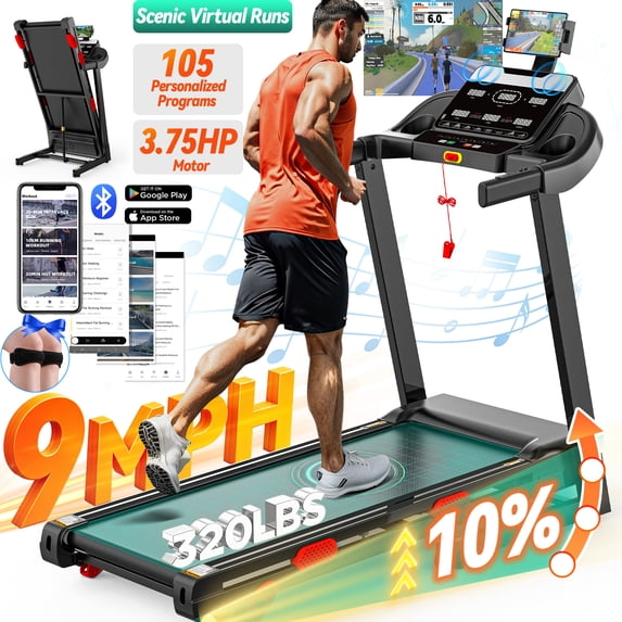 Campmoy 10% Inclined Treadmill w/ 330lb Capacity, 3.75HP Folding Treadmill for Home Walking Running, 96+9 Programs, APP Control, 9MPH, HiFi Stereo Speakers, Shock-Absorbing, Knee Strap Gift