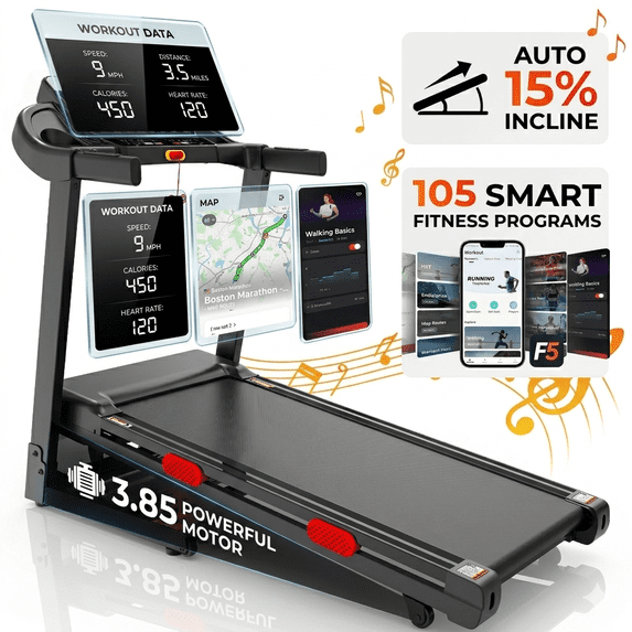 Campmoy Jogging Walking Treadmill w/ 15% Auto Incline for Home,3.75HP Folding Treadmill,Portable Exercise Equipment w/ 96 Workout Programs,330LB Capacity,Cushioned Running Belt,Bluetooth & APP Connectivity