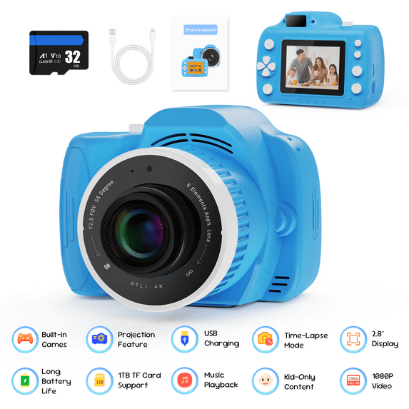 Qvamodo Kids Camera, Camera for Kids with Projector, Offers Projection,1080p Video Recording, Kids Digital Camera Birthday Gifts for Boys Girls 32GB SD Card, Music Playback, Portable Design