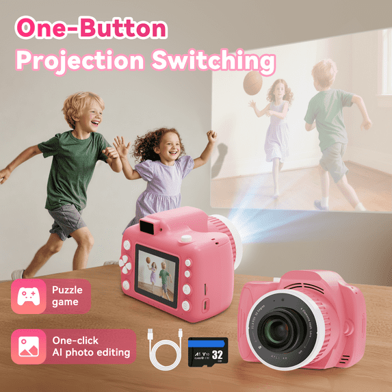 FaayFian Kids Camera with Projector - 1080P HD Video Recording, Simple Operation and Flexible Use, 6000mAh Big Battery & 32GB SD Card, Birthday Gift for Boys Girls (Pink)