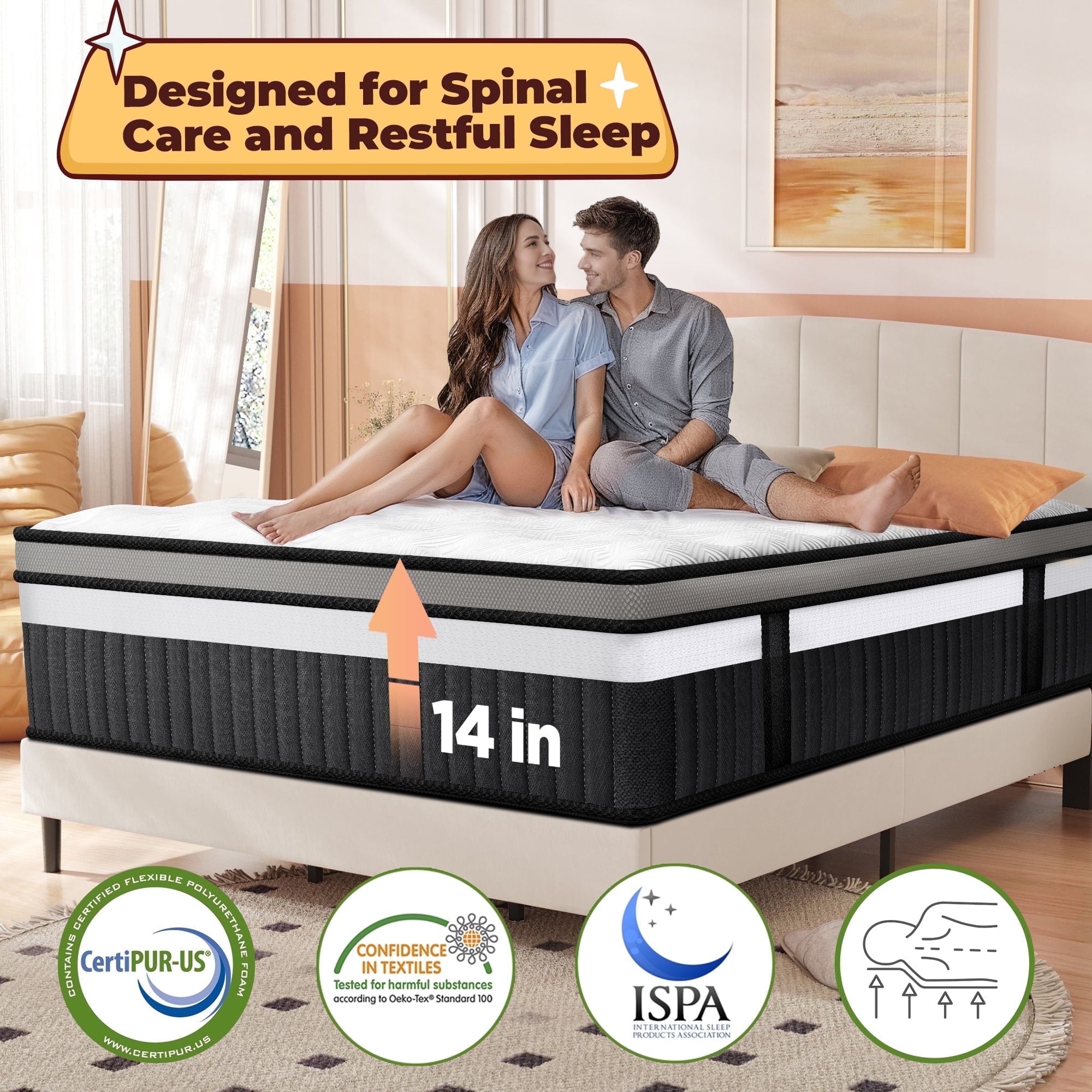 Campmoy King Mattress, 14 Inch Gel Memory Foam Hybrid Mattress in a Box, Cooling & Breathable Design, Zoned Pressure Relief, Medium Firm Feel, CertiPUR-US Certified