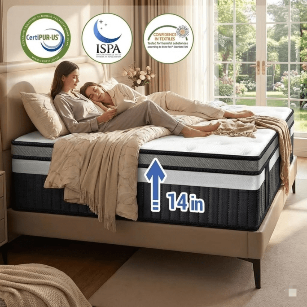 Campmoy King Mattress, 14 Inch Hybrid Mattress in a Box, Memory Foam and Pocket Springs, Medium Plush Feel with Motion Isolating, CertiPUR-US Certified, Fiberglass Free