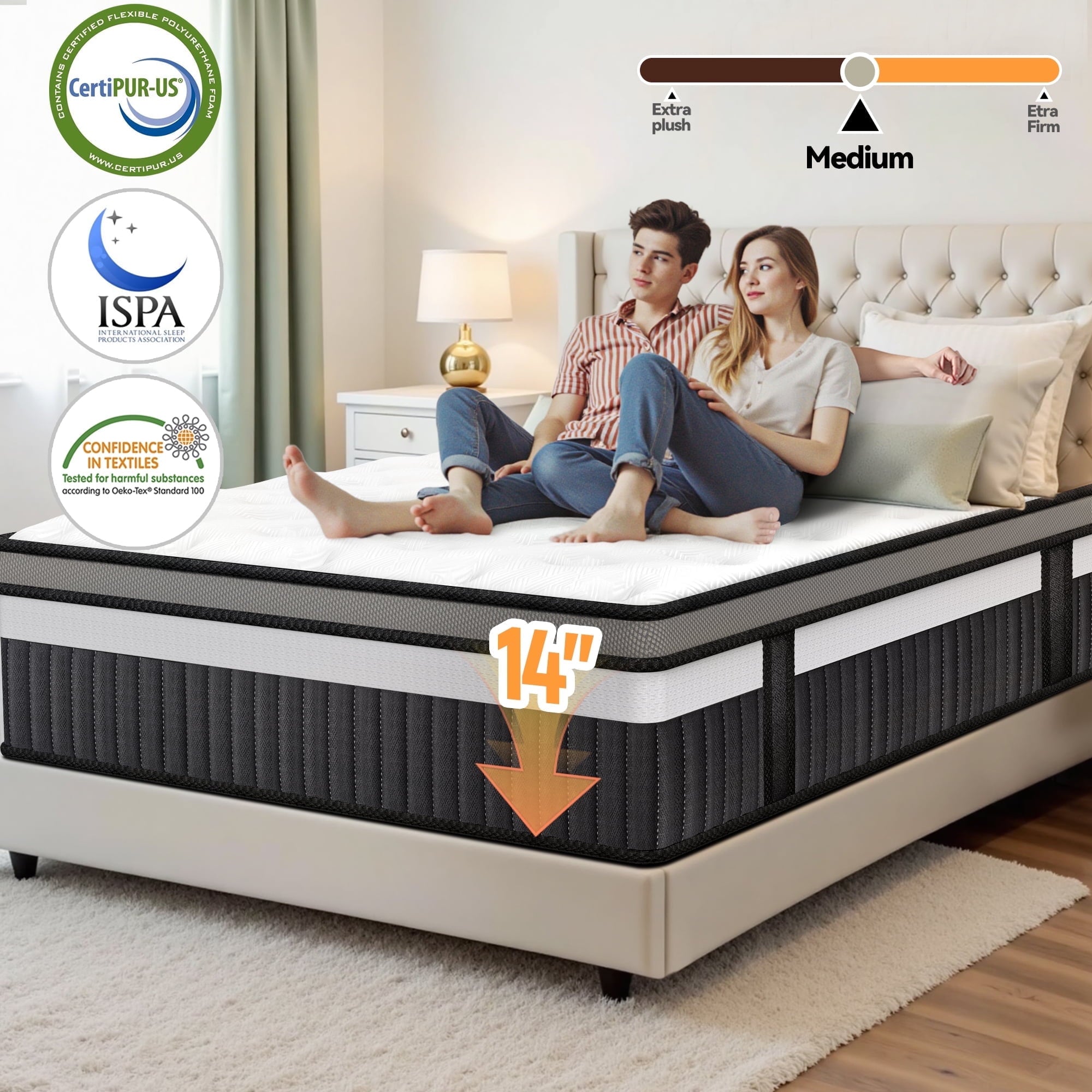 Campmoy King Mattress, 14 Inch Memory Foam Mattress in a Box, Pressure Relief Mattress, Zoned Support,Gel Layer for Cooling , Medium Firm, Improving Circulation, Breathable