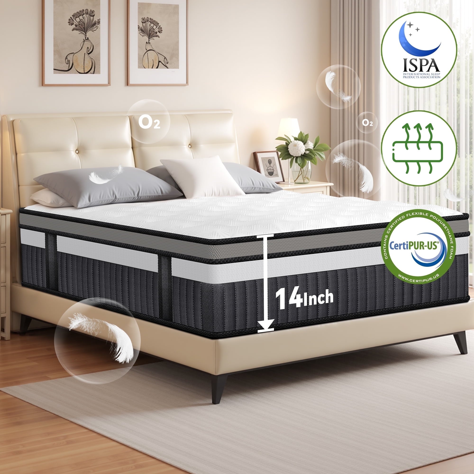 Qvamodo King Mattress 14 inch Qvamodo Hybrid Mattress Cooling Memory Foam Mattress in a Box with Individually Pocket Springs CertiPUR-US Certified Medium Firm Breathable Pressure Relief White