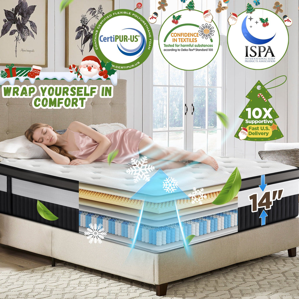 WNANEEZ King Size Mattress,14 Inch Mattress in a Box with Memory Foam & Individual Pocket Spring for Edge Support,Pressure Relief,Medium Firm,CertiPUR-US.