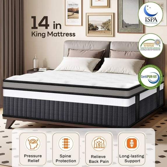Qvamodo King Size Mattress, 14in Gel Memory Foam Mattress for Cooling Sleep and Pressure Relief, King Size Hybrid Mattress in a Box, CertiPUR-US, Motion Isolation