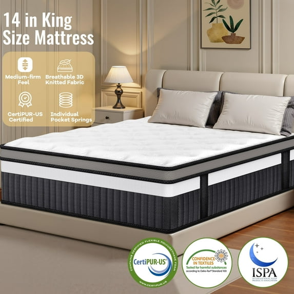 FaayFian King Size Mattress 14in, Hybrid Mattress in a Box, Gel Memory Foam King Mattress for Cooling Sleep and Pressure Relief, Motion Isolation, CertiPUR-US