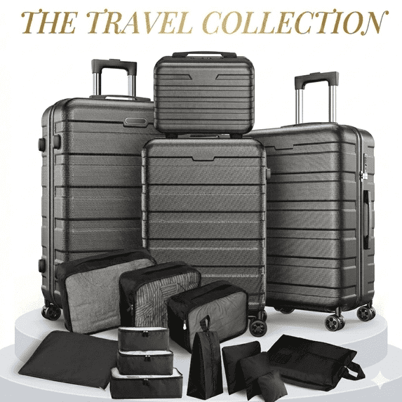 AQUGOKS Luggage 11 Piece Set, Hardside Lightweight Suitcase Luggage with Packing Cubes, 20" Carry on Lugagge, 24 and 28" Check Lugagge, Black