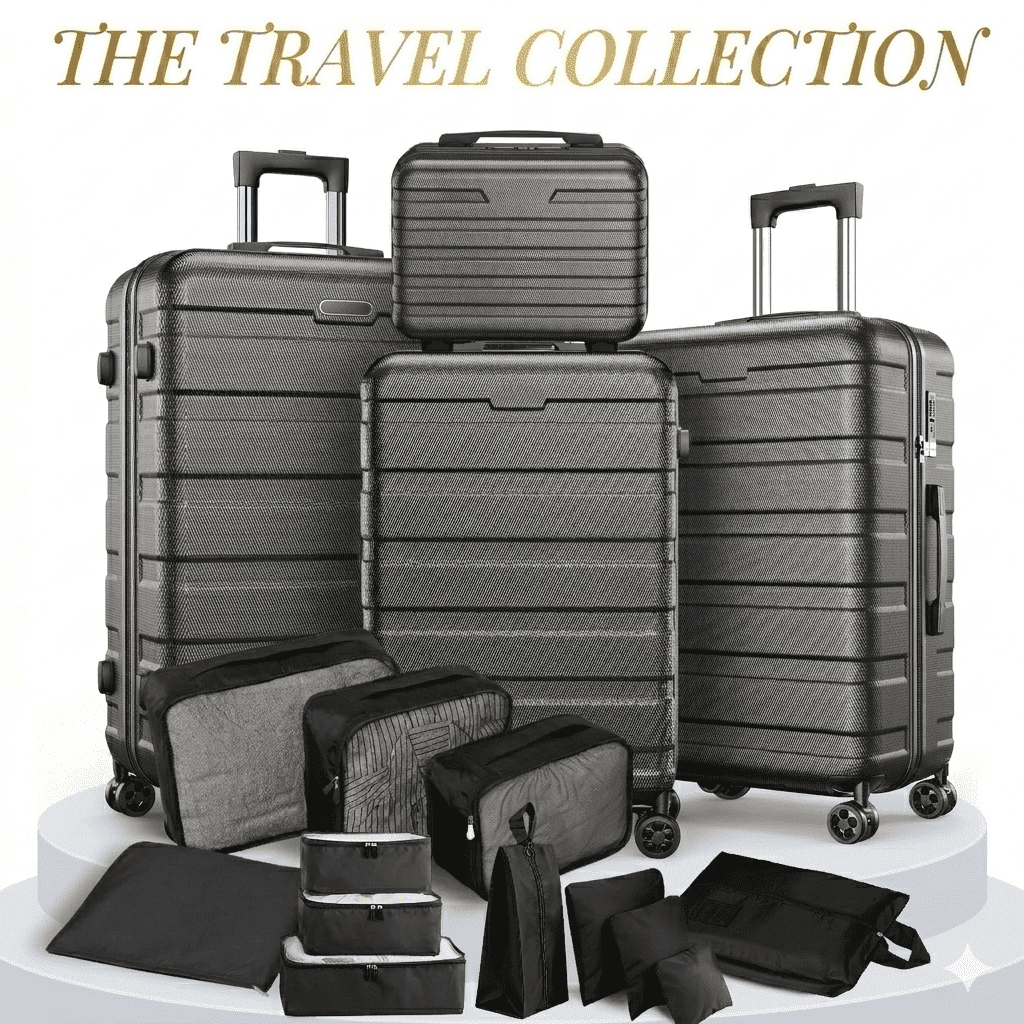 AQUGOKS Luggage 11 Piece Set, Hardside Lightweight Suitcase Luggage with Packing Cubes, 20" Carry on Lugagge, 24 and 28" Check Lugagge, Black