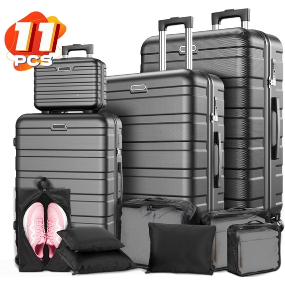 Qvamodo Luggage 11 Piece Set,Lightweight Carry On Luggage Suitcase Set with Lock & Spinner Wheels Hardside Luggage Set 14in/20in/24in/28in, Black