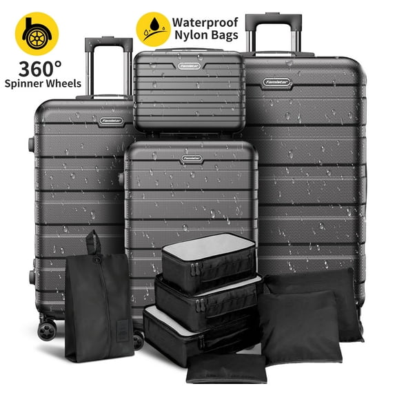 WNANEEZ Luggage 11 Piece Set,Lightweight Carry On Luggage Suitcase Set with TSA-style Lock & Spinner Wheels Hardside Luggage Set 14in/20in/24in/28in(Black)