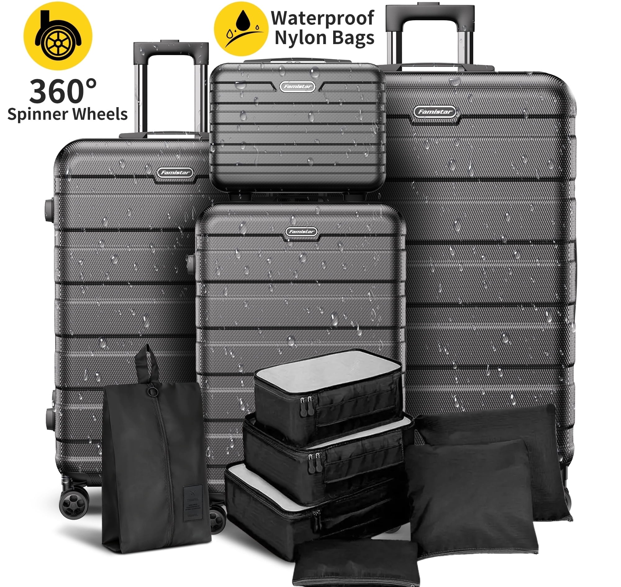 WNANEEZ Luggage 11 Piece Set,Lightweight Carry On Luggage Suitcase Set with TSA-style Lock & Spinner Wheels Hardside Luggage Set 14in/20in/24in/28in(Black)