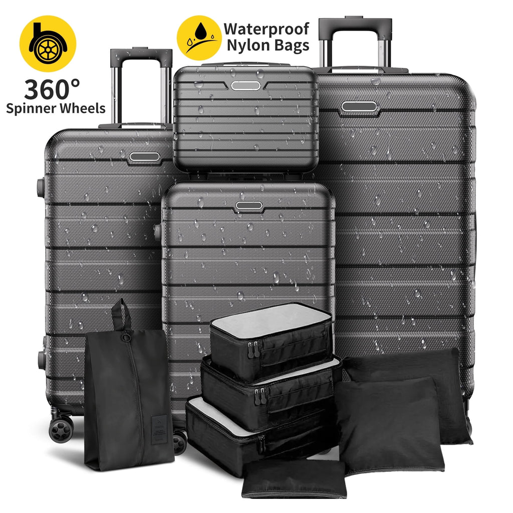 FaayFian Luggage 11 Piece Set,Lightweight Carry On Luggage Suitcase Set with TSA-style Lock & Spinner Wheels Hardside Luggage Set 14in/20in/24in/28in(Black)