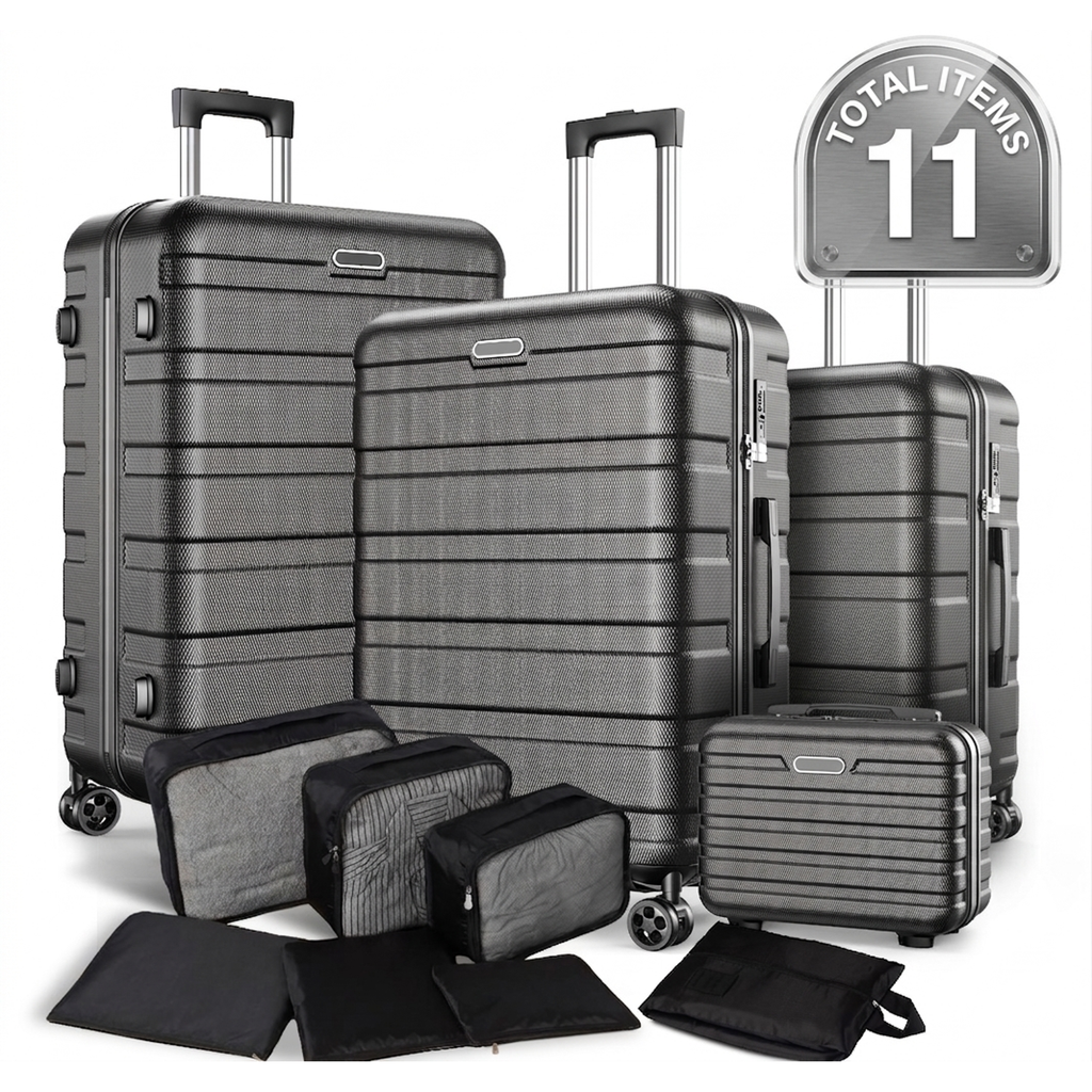 AQUGOKS Luggage Sets 11 Pcs Suitcase Set, Hardshell Luggage with Packing Cubes & Wheels, 20" Carry On Luggage and 24“&28" Checked Luggage Set, Lightweight Travel Luggage