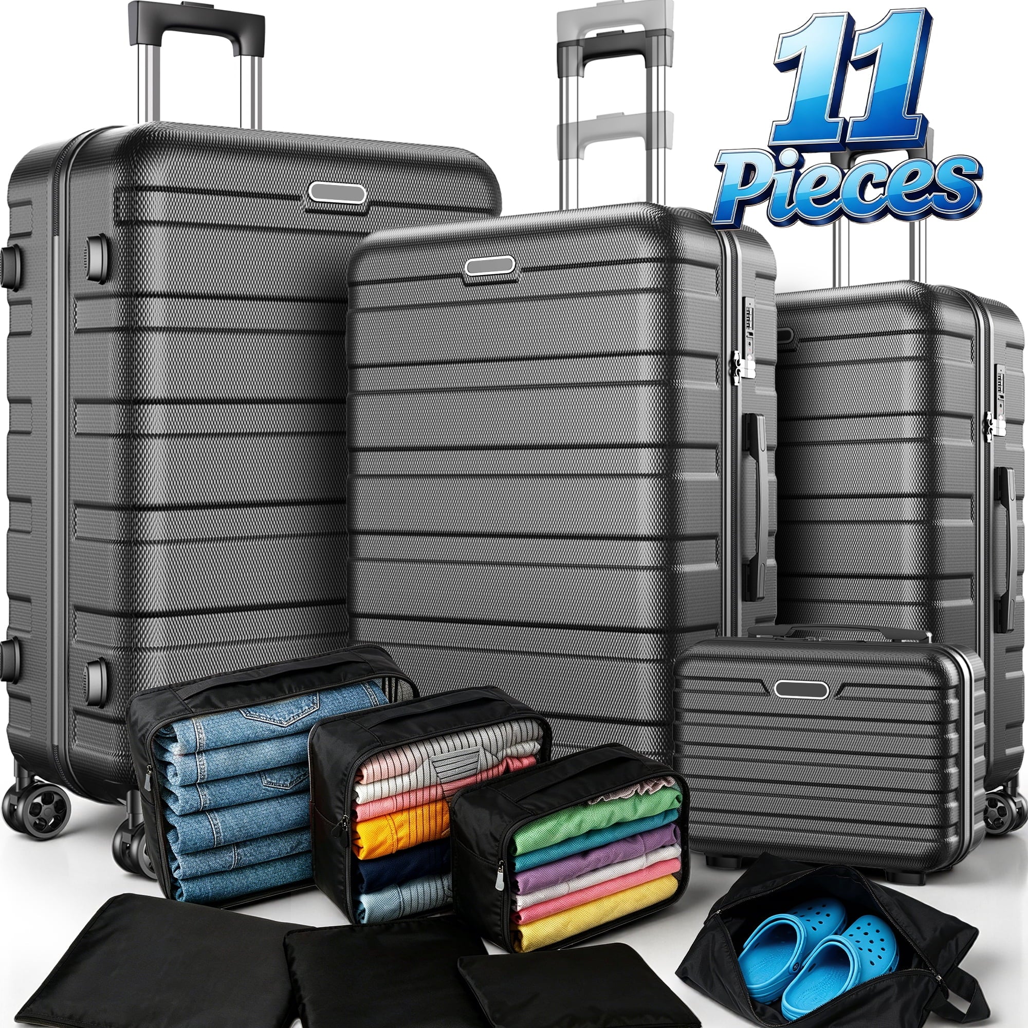 AQUGOKS Luggage Sets 11 Pcs Suitcase Set, Hardshell Luggage with Packing Cubes & Wheels, 20" Carry On Luggage and 24“&28" Checked Luggage Set, Lightweight Travel Luggage