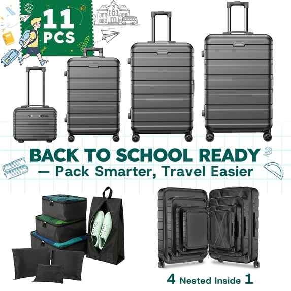 AQUGOKS Luggage Sets 11 Piece Suitcases with Wheels, Suitcase Set ABS Hard Case Luggage with Lock Spinner Wheels Durable Travel Luggage