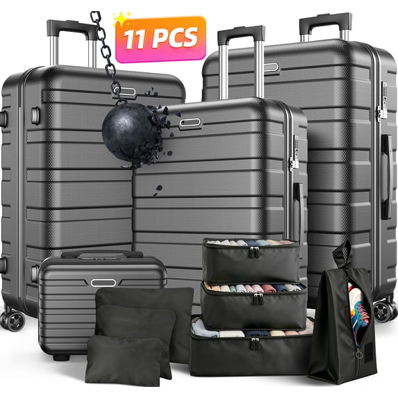 ODYAAZ Luggage Sets 11 Piece, Hardside ABS Durable Suitcases Sets, Lock Travel Checked Luggage Carry on Luggage Sets Black