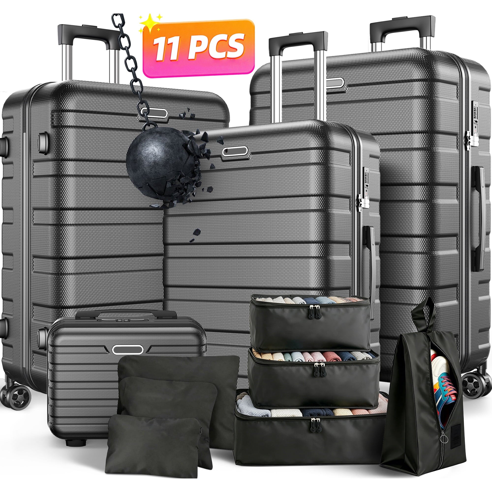 ODYAAZ Luggage Sets 11 Piece, Hardside ABS Durable Suitcases Sets, Lock Travel Checked Luggage Carry on Luggage Sets Black