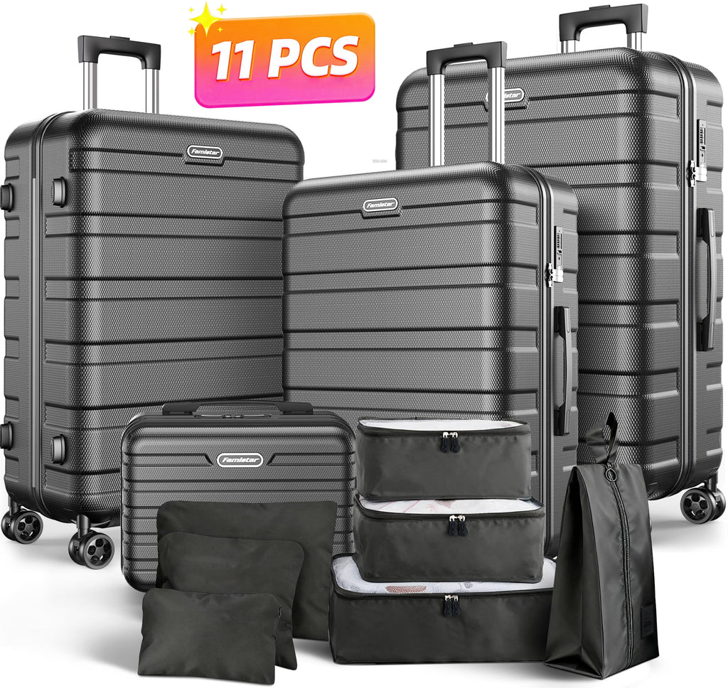 Luggage Sets 11 Piece, Expandable ABS Durable Suitcases Sets, TSA-style Lock Travel Checked Luggage Sets Black