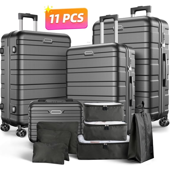 ODYAAZ Luggage Sets 11 Piece, Expandable ABS Durable Suitcases Sets, Lock Travel Checked Luggage Sets Black